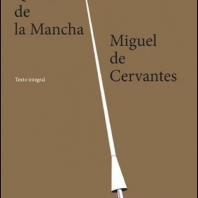 Capa castanha de livro Dom Quixote de la Mancha com lança ilustrada e texto preto