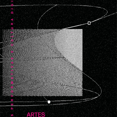 Cartaz preto com padrão cinza, texto rosa e linhas brancas curvas com pontos geométricos