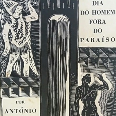 Capa de livro ilustrada a preto e branco com figuras masculinas e texto editorial.