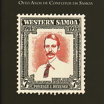 Capa de livro preta com selo postal e texto