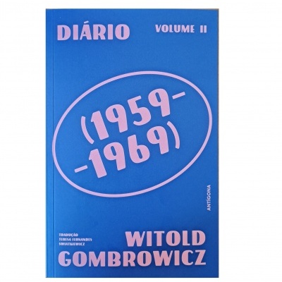 Capa de livro azul com texto rosa 'DIÁRIO VOLUME II (1959-1969) WITOLD GOMBROWICZ'.