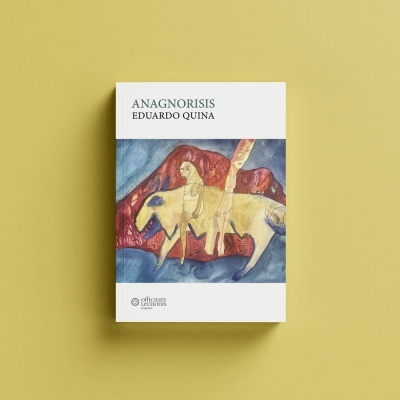 Capa de livro branco com título 'ANAGNORISIS' e ilustração colorida de figura humana sobre animal