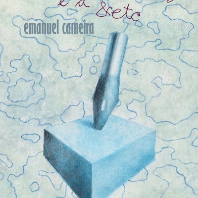 Ilustração de cubo azul claro com ferramenta metálica e textos vitor silva tavares e a seta, emanuel camêira