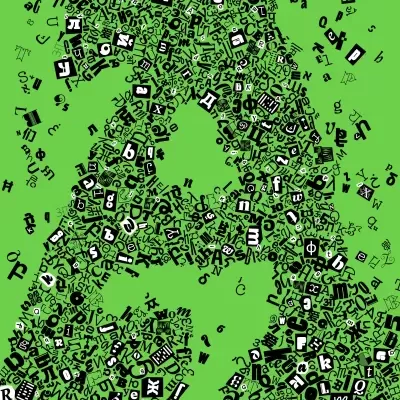 Fundo verde com letras e símbolos tipográficos pretos formando figura abstrata e textos ALPHABETTES SOUP e Feminist Approaches to Type
