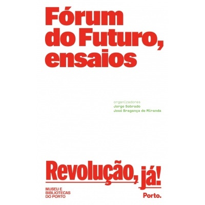 Capa de livro Fórum do Futuro, ensaios com texto em vermelho e verde sobre fundo branco