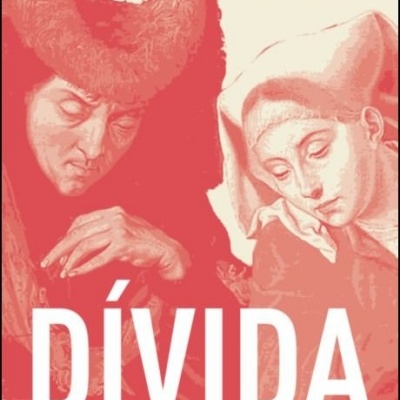 Capa do livro 'DÍVIDA' com ilustração de duas figuras históricas e textos em vermelho e branco