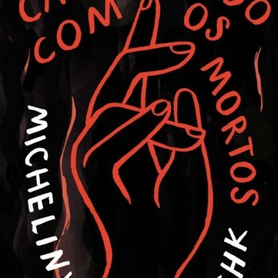 Desenho de mão em linhas vermelhas sobre fundo preto com texto em branco e vermelho