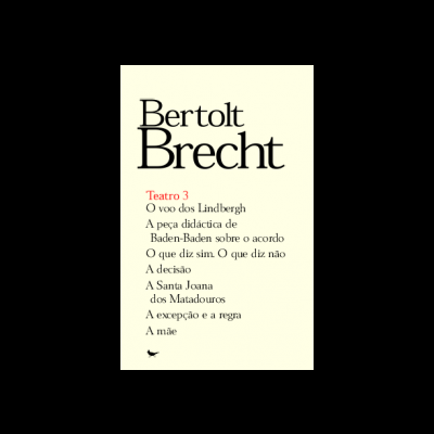 Capa de livro branco com texto em preto e vermelho com título e lista de peças de teatro
