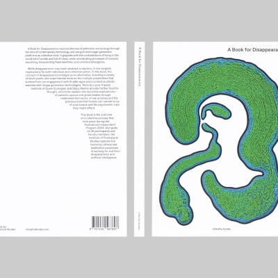 Capa e contracapa de livro A Book for Disappearance com ilustração abstrata verde e azul