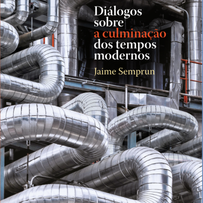 Capa de livro com tubos metálicos e texto em cores branca, laranja e amarela