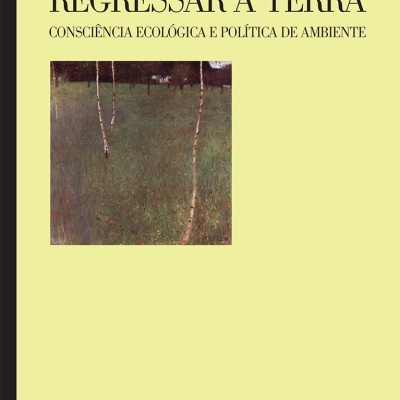 Capa de livro amarelo com título Regresso à Terra e imagem de campo com árvores