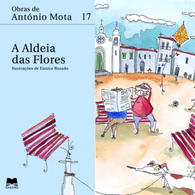 Capa de livro 'A Aldeia das Flores' com ilustrações de aldeia, bancos vermelhos e pessoas.
