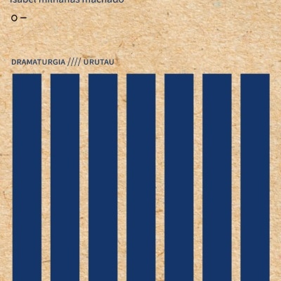 Cartaz ou capa de livro com texto azul e barras verticais azuis em fundo castanho texturizado