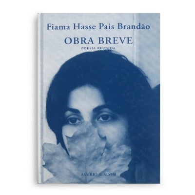 Capa de livro azul e branca com fotografia de mulher segurando folha seca no rosto