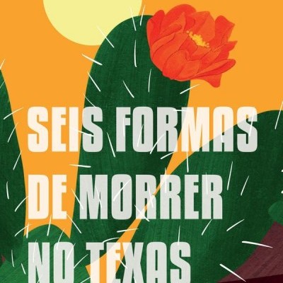 Capa de livro com cacto verde e flor vermelha sobre fundo laranja