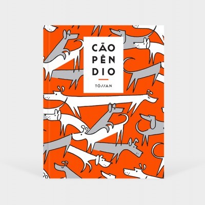 Caderno com capa dura laranja estampado com cães e texto central branco