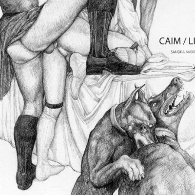 Desenho a lápis preto e branco mostrando figuras humanas e cães com texto