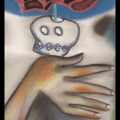 Mão segurando objeto com caveira estilizada branca e flor vermelha abstrata