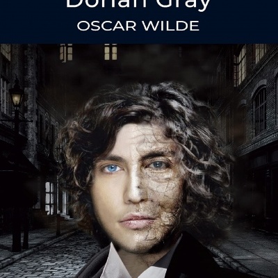 Capa de livro 'The Picture of Dorian Gray' com rosto de homem metade jovem metade envelhecido