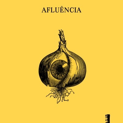 Capa de livro amarelo com cebola e olho desenhados em preto, texto Afluência, Etel Adnan.