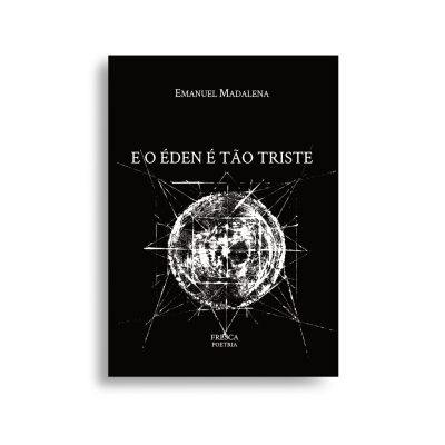 Capa de livro preta com texto e ilustração branca abstrata