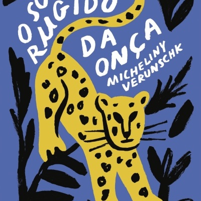 Capa de livro azul com desenho de onça amarelo e texto branco
