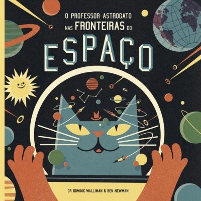 Capa de livro com gato astronauta e planetas no espaço com título em português.