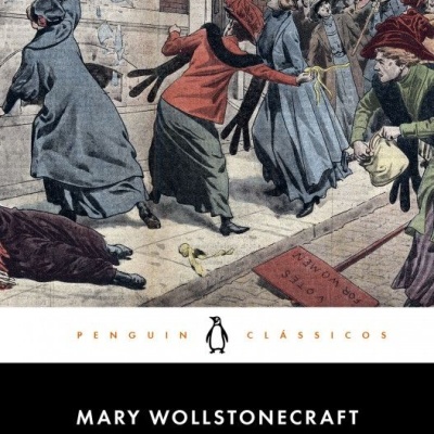 Capa de livro com ilustração histórica de protesto de mulheres e texto do título e autor.