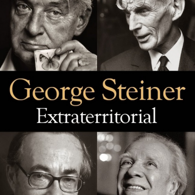 Capa de livro 'Extraterritorial' de George Steiner com quatro retratos em preto e branco de homens.