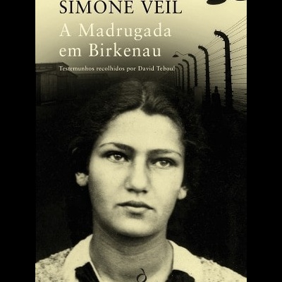 Capa do livro A Madrugada em Birkenau de Simone Veil com foto da autora e cerca de arame farpado