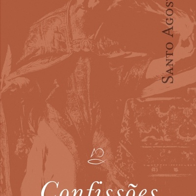 Capa do livro 'Confissões' de Santo Agostinho, tons castanho avermelhado, figura histórica com vestes antigas