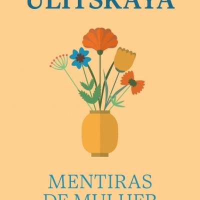 Capa de livro com vaso com flores e texto em azul sobre fundo amarelo