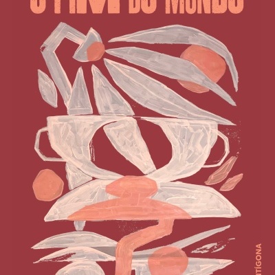 Capa de livro com texto em cor de pêssego e ilustração abstrata em rosa claro sobre fundo vermelho