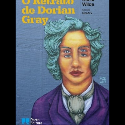 Capa de livro com ilustração surrealista e texto 'O Retrato de Dorian Gray'