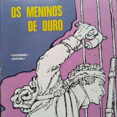 Capa de livro 'Os Meninos de Ouro' com ilustração de guerreiro e texto em amarelo e branco