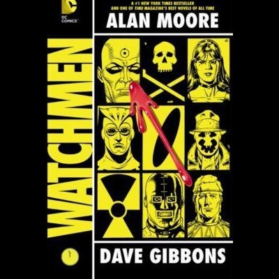 Capa do livro Watchmen com estilo gráfico amarelo e preto e texto de Alan Moore e Dave Gibbons