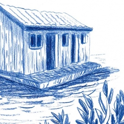 Capa de livro com casa flutuante desenhada em azul e título em letras maiúsculas