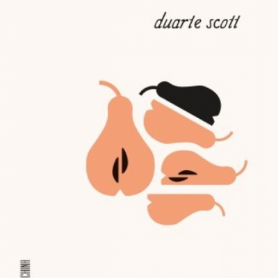 Ilustração minimalista de pêras em laranja e preto com textos em fundo branco