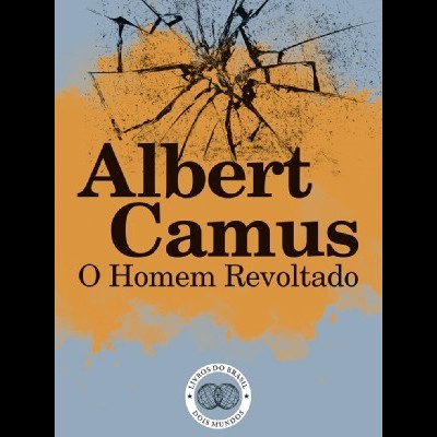 Capa de livro azul e laranja com texto de Albert Camus e vidro partido