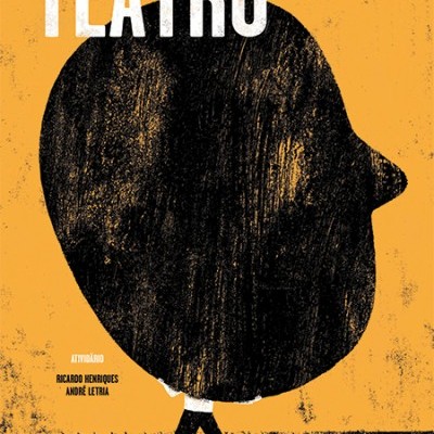 Capa de livro laranja com desenho de cabeça gigante e texto TEATRO.
