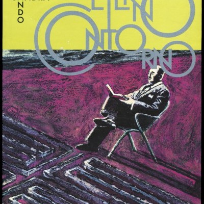 Capa de livro com ilustração de homem sentado a ler e texto em letras cinzentas numa composição abstrata