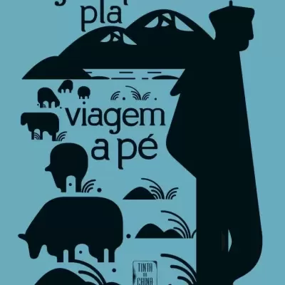 Capa de livro azul claro com ilustração preta e texto 'josep pla viagem a pé'
