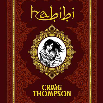 Capa de livro Habibi com ilustração em preto e branco de duas pessoas abraçadas