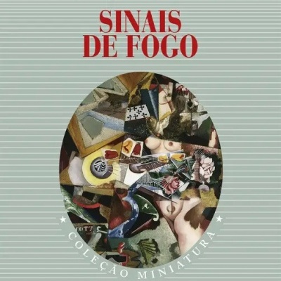 Capa do livro 'SINAIS DE FOGO' de Jorge de Sena com arte abstrata circular e fundo cinza às riscas.