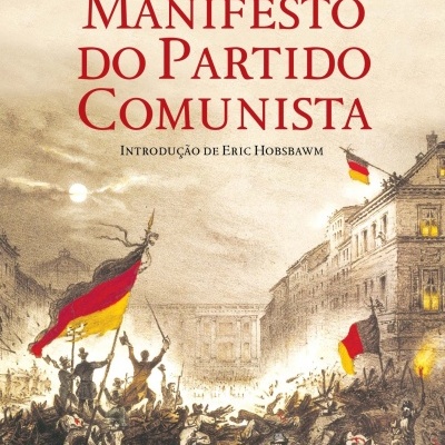 Capa do livro Manifesto do Partido Comunista com ilustração histórica e textos em preto e vermelho
