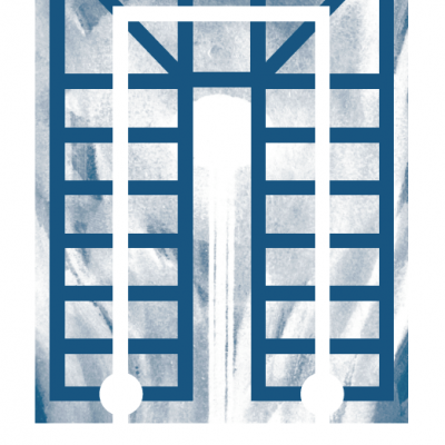 Capa de livro azul e branco com padrão geométrico e texto de autor e título