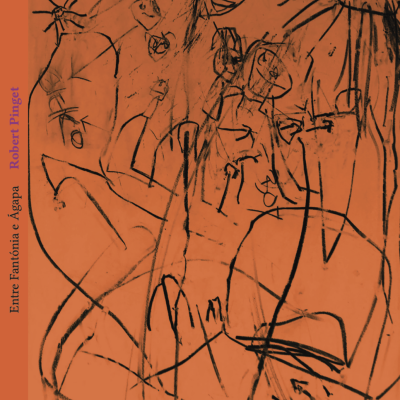 Capa de livro laranja com desenhos abstratos pretos e texto vertical em roxo e preto.