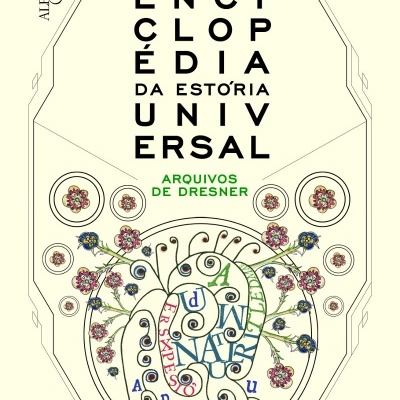 Capa de livro com título 'Enciclopédia da Estória Universal' e design com letras e flores