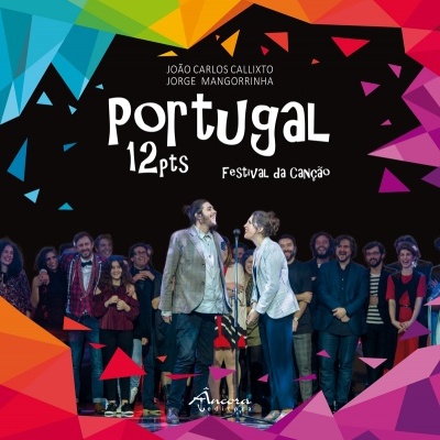 Capa álbum Portugal 12 pts Festival da Canção com pessoas e bordas coloridas