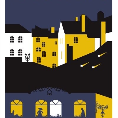 Capa de livro Os Mutilados de Hermann Ungar com ilustração de edifícios e silhuetas em janelas